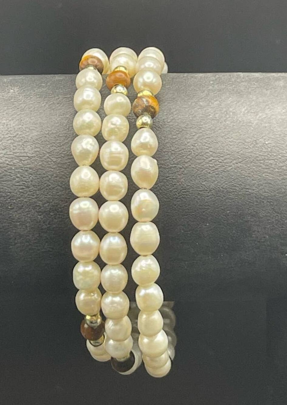 Freshwater Pearl Bracelet Tiger's Eye & Metal Bead Accents 6.5" without stretch